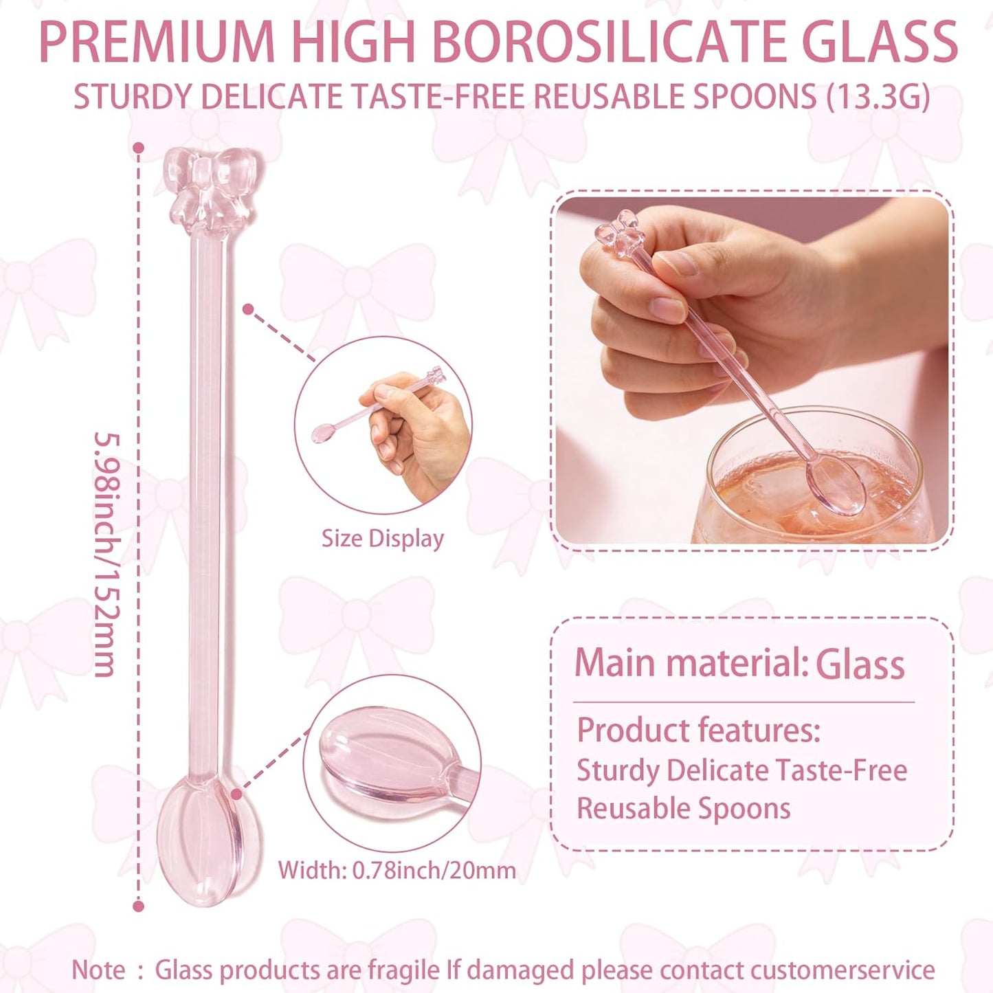 Cucharas de cristal con lazo rosa 5.9 pulgadas para café té postres