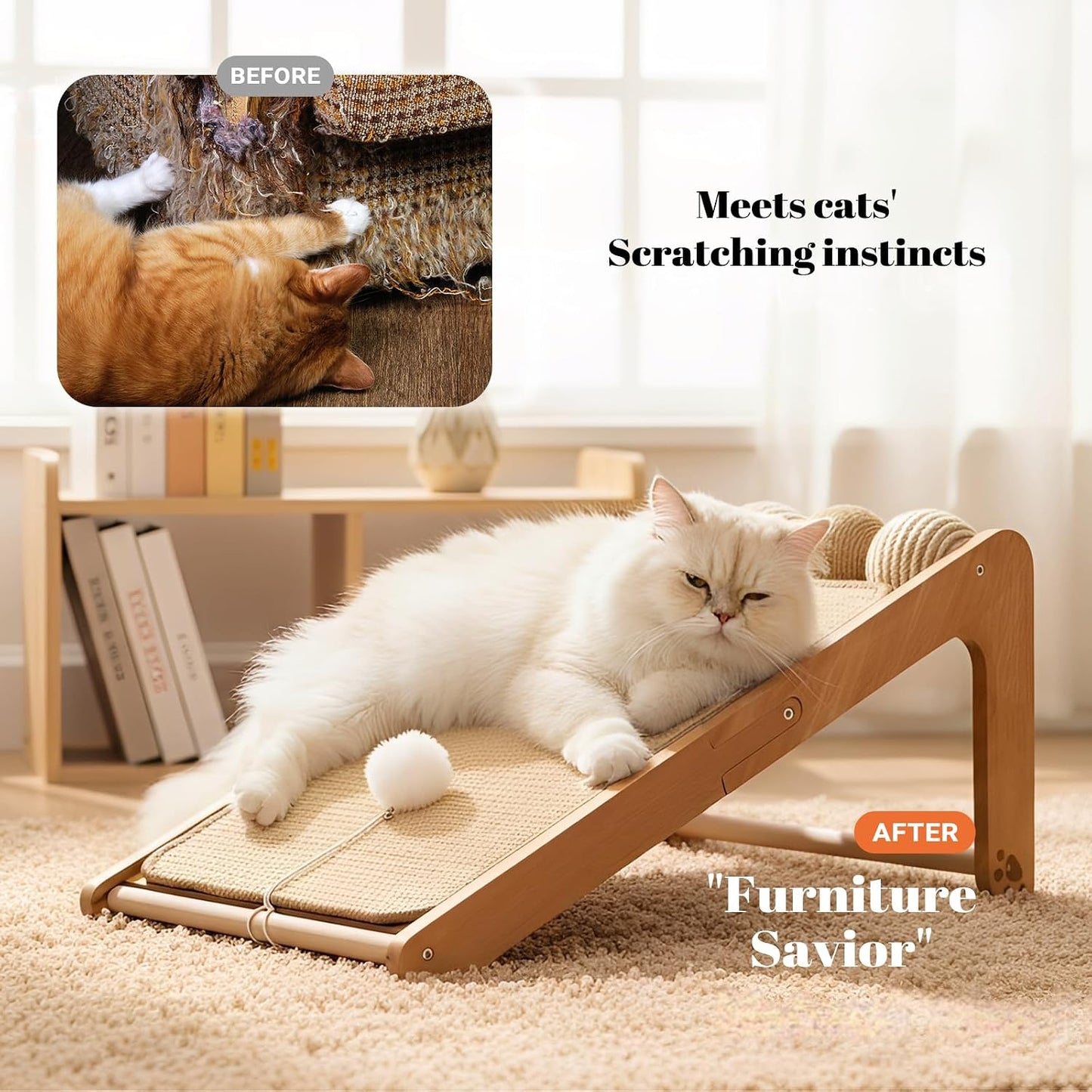 Rampa rascador sisal para gatos forma L 24.8pulg madera maciza