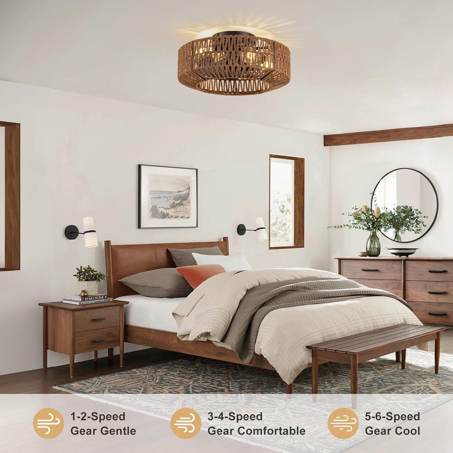 Ventilador techo bohemio ratán luz control remoto