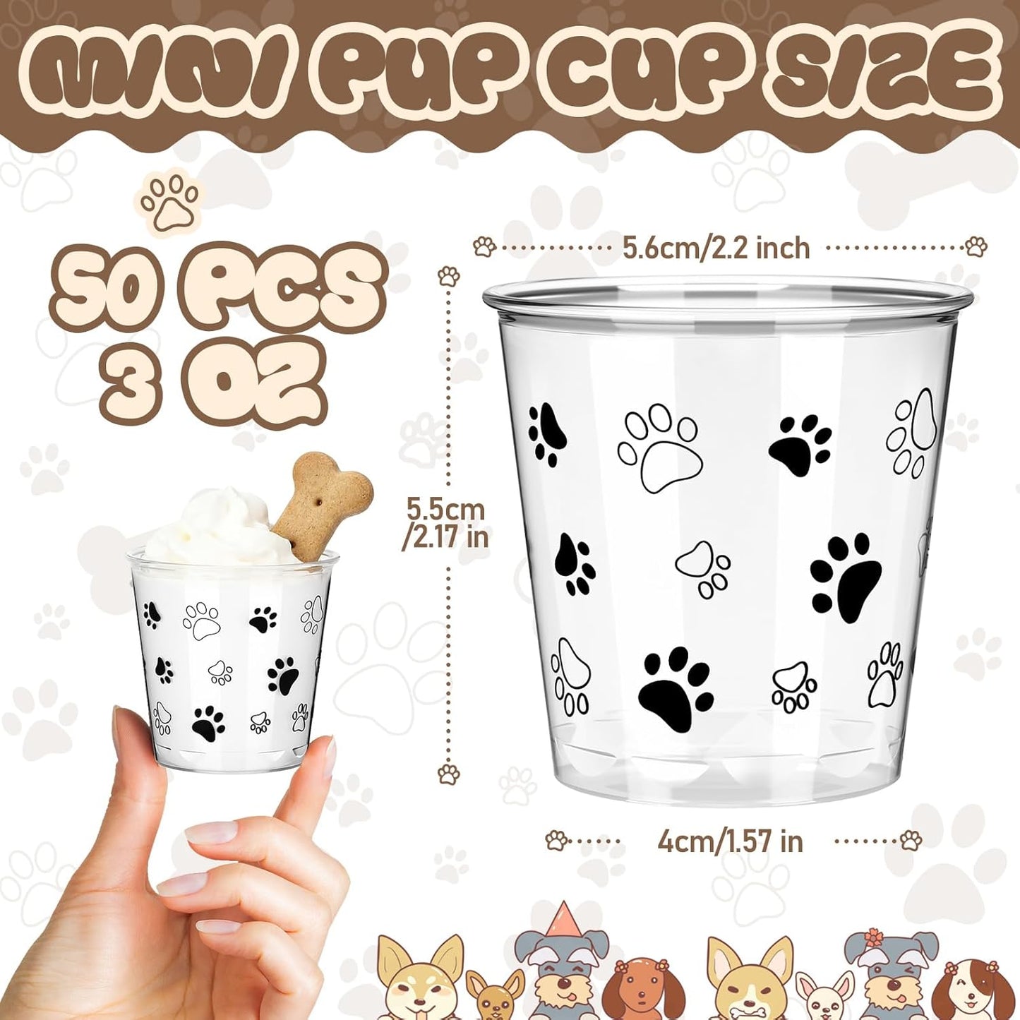 Tazas transparentes para perros 3 oz con patrón de pata