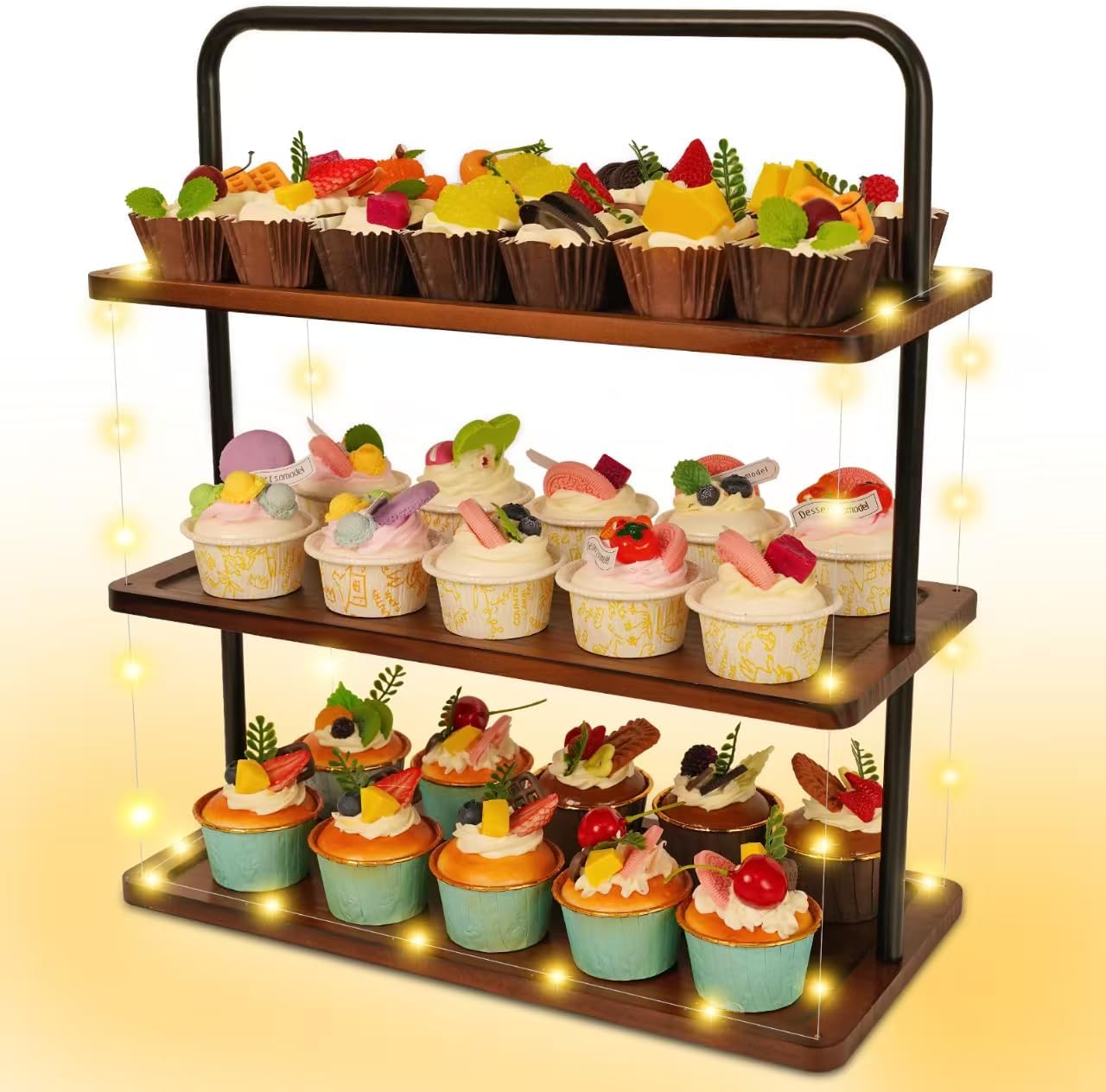 Soporte para cupcakes de madera con luz LED 3 niveles