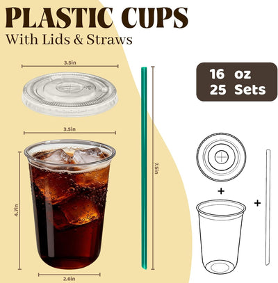 Juego de 25 vasos plásticos transparentes con tapas y pajitas para bebidas frías