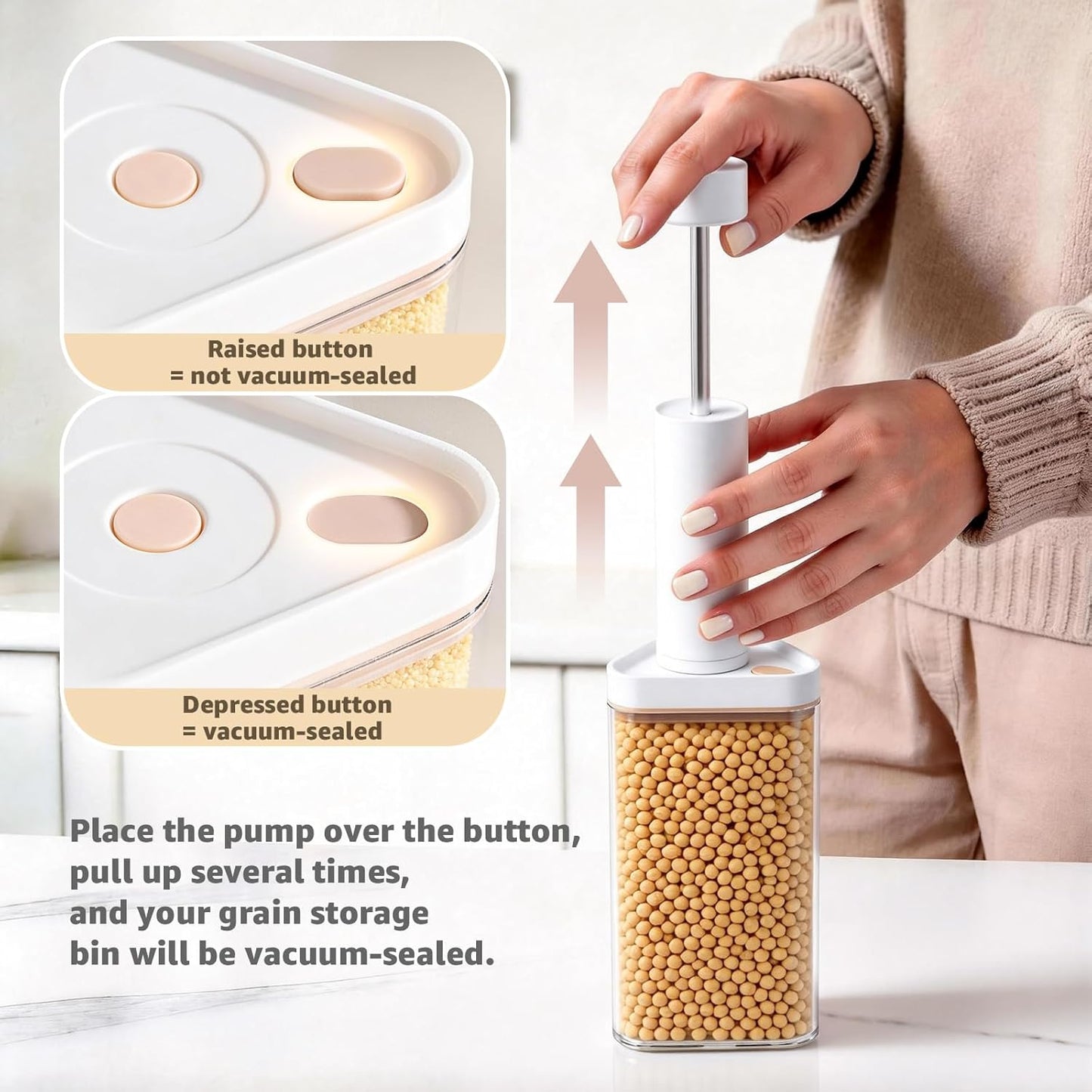 Dispensador giratorio de granos con bomba manual y 6 rejillas para almacenar alimentos secos