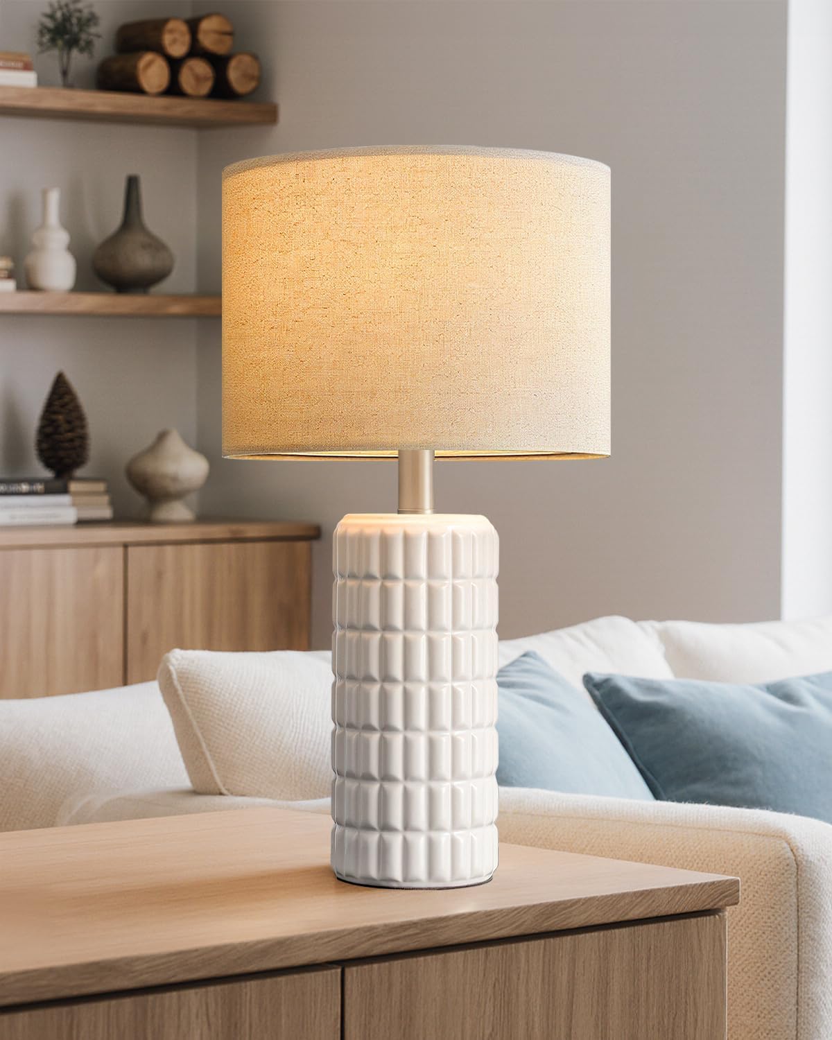 Lámpara mesa cerámica 23pulg sala dormitorio bohemia blanca