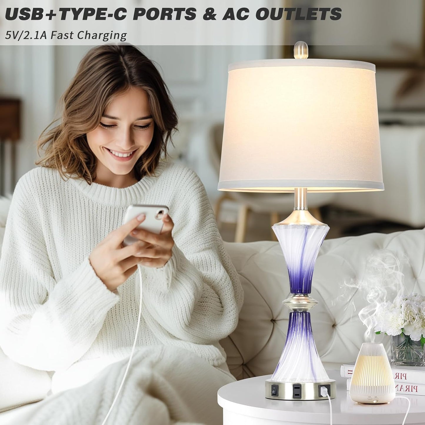 2 Lámparas Mesa Cristal Morado con Puertos USB y Salida CA