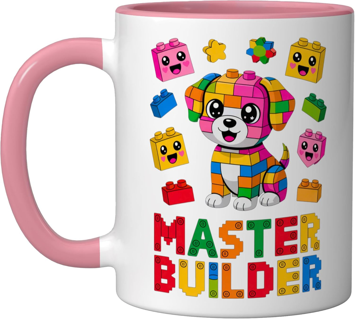 Taza Cerámica para Niñas con Bloques de Construcción Rosa/Blanco