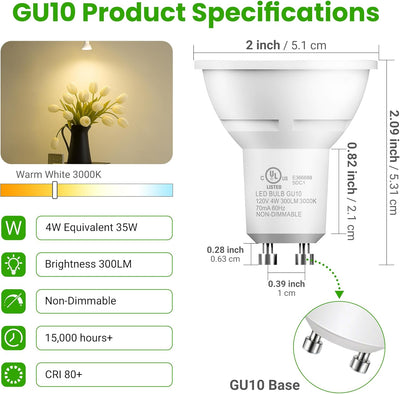 Bombillas LED GU10 no regulables 4W blanco cálido 300lm