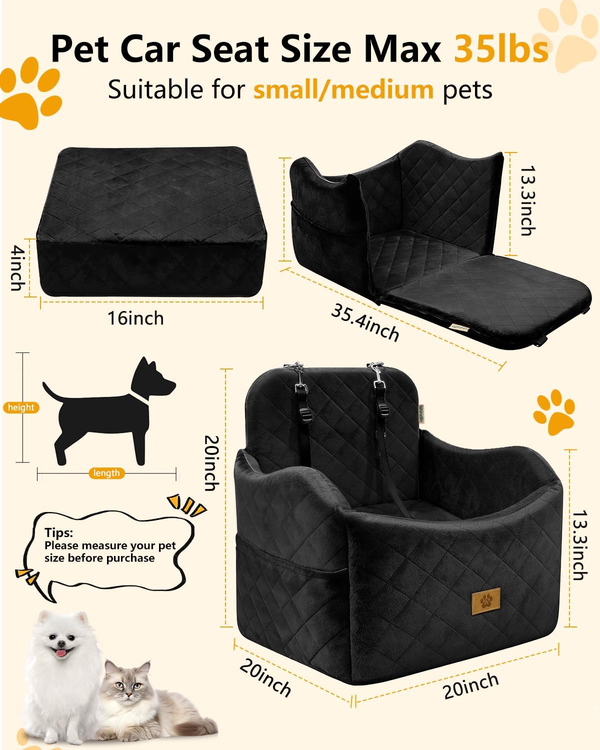Asiento automóvil perros 2en1 espuma viscoelástica cama lavable