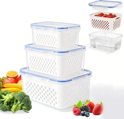 Contenedores de almacenamiento 4 en 1 para refrigerador con colador y cesta de drenaje