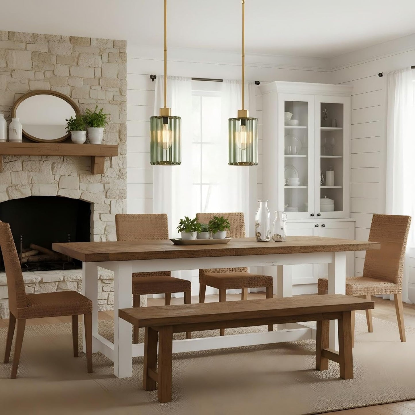 2 Lámparas colgantes vidrio estriado verde oliva E26 cocina comedor