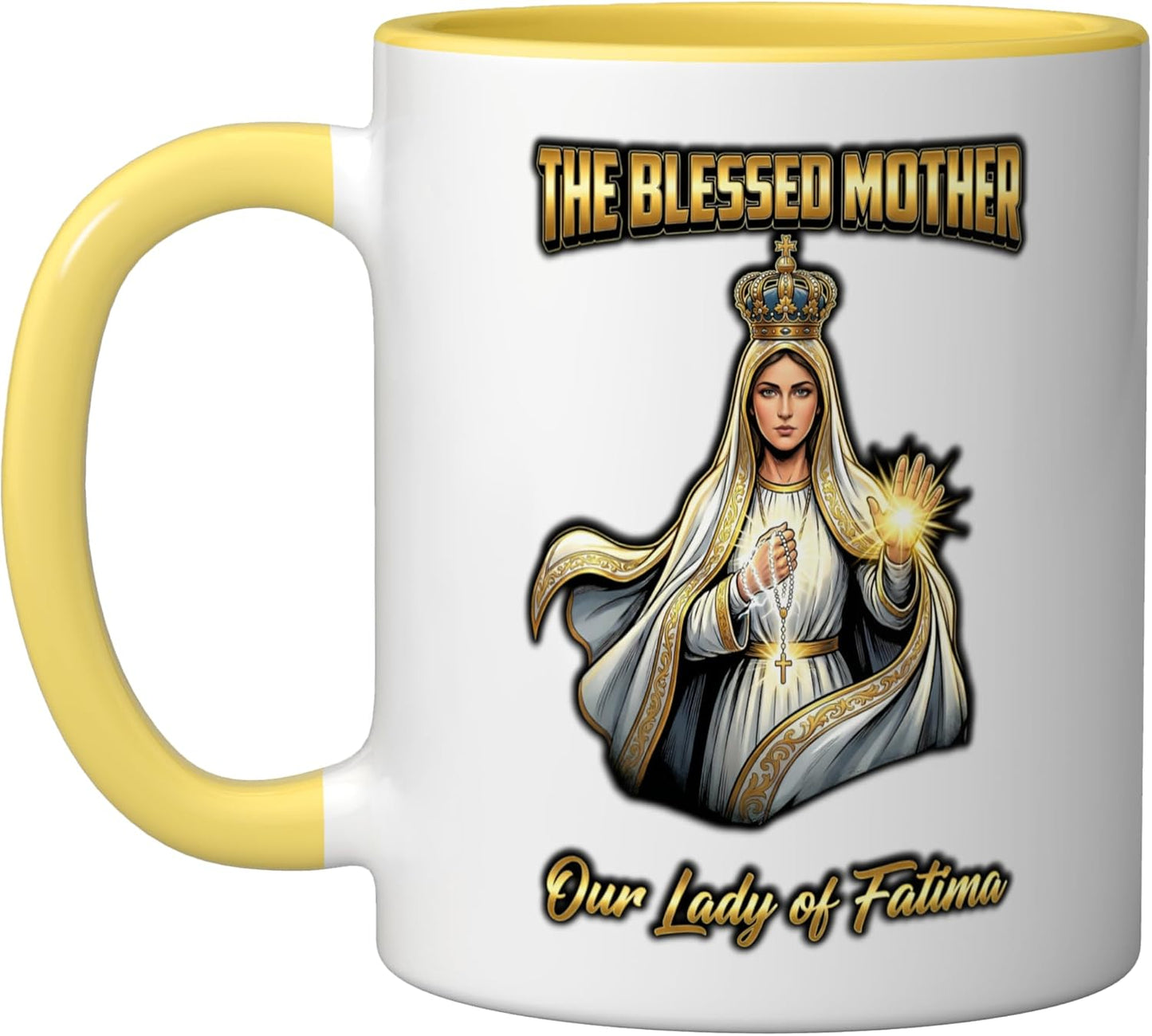 Taza Cerámica Religiosa Virgen de Fátima Amarillo Blanco