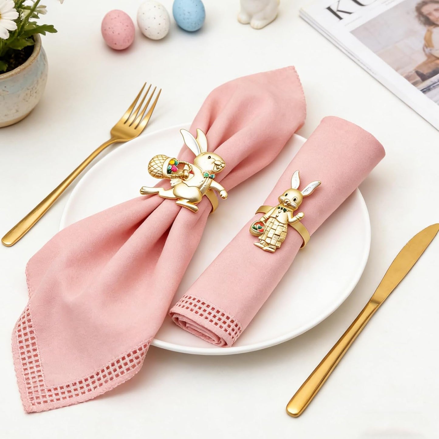 Juego de 6 servilleteros de conejo de Pascua dorado mate para fiestas y decoración rústica