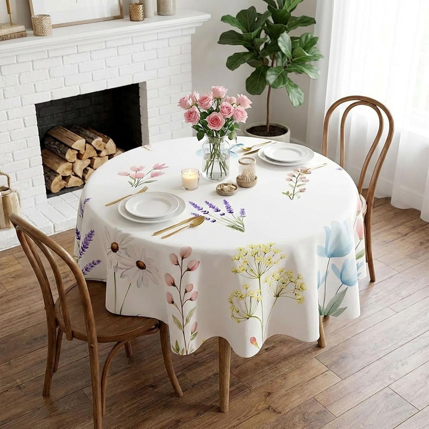 Mantel redondo Kawani 60 pulgadas con flores y hojas verdes para fiestas