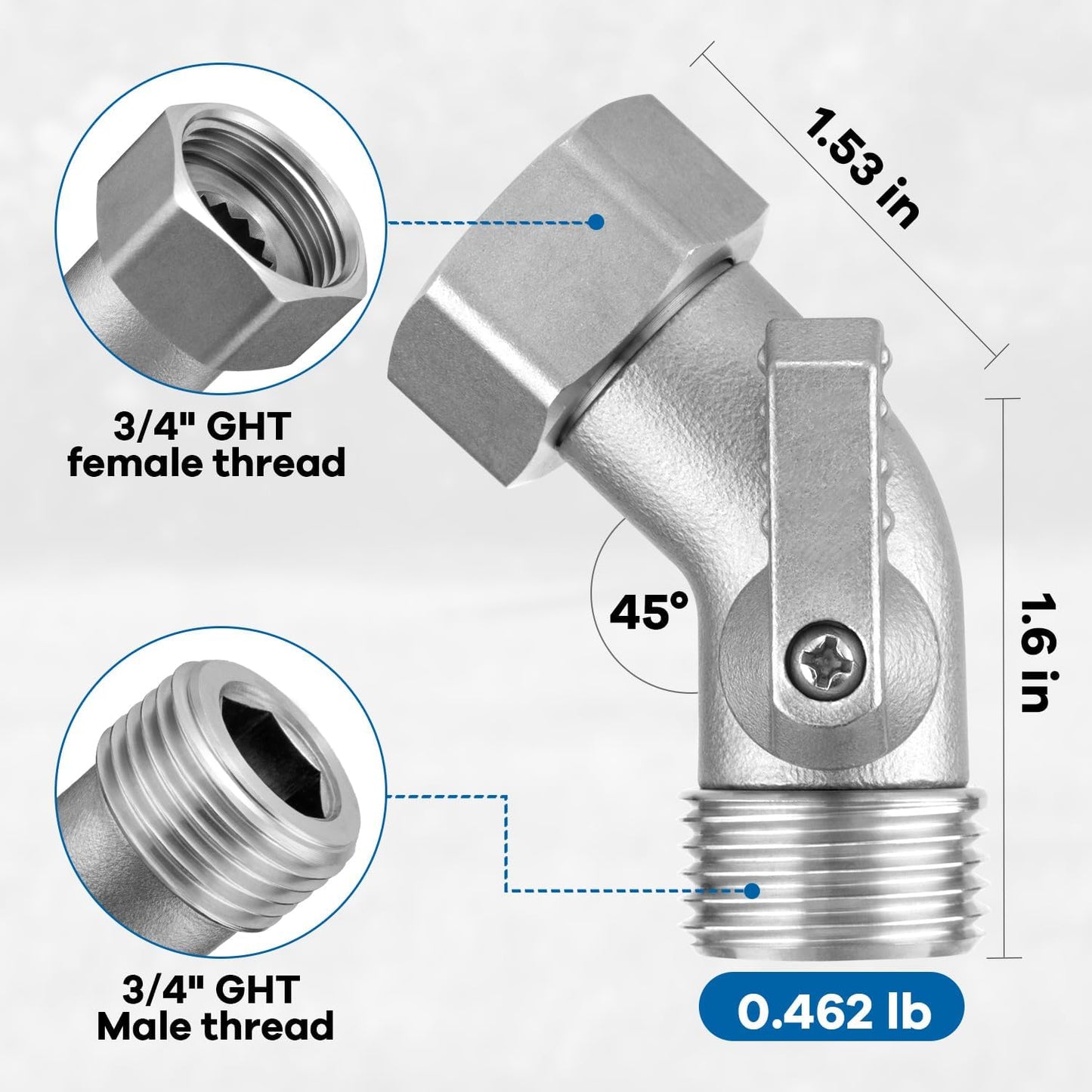 Conector codo manguera acero inox 304 45grados GHT 3/4pulg