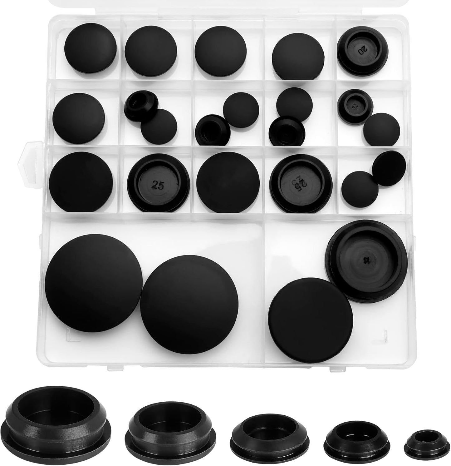 Set 24 tapones silicona negro agujero redondo 5 tamaños
