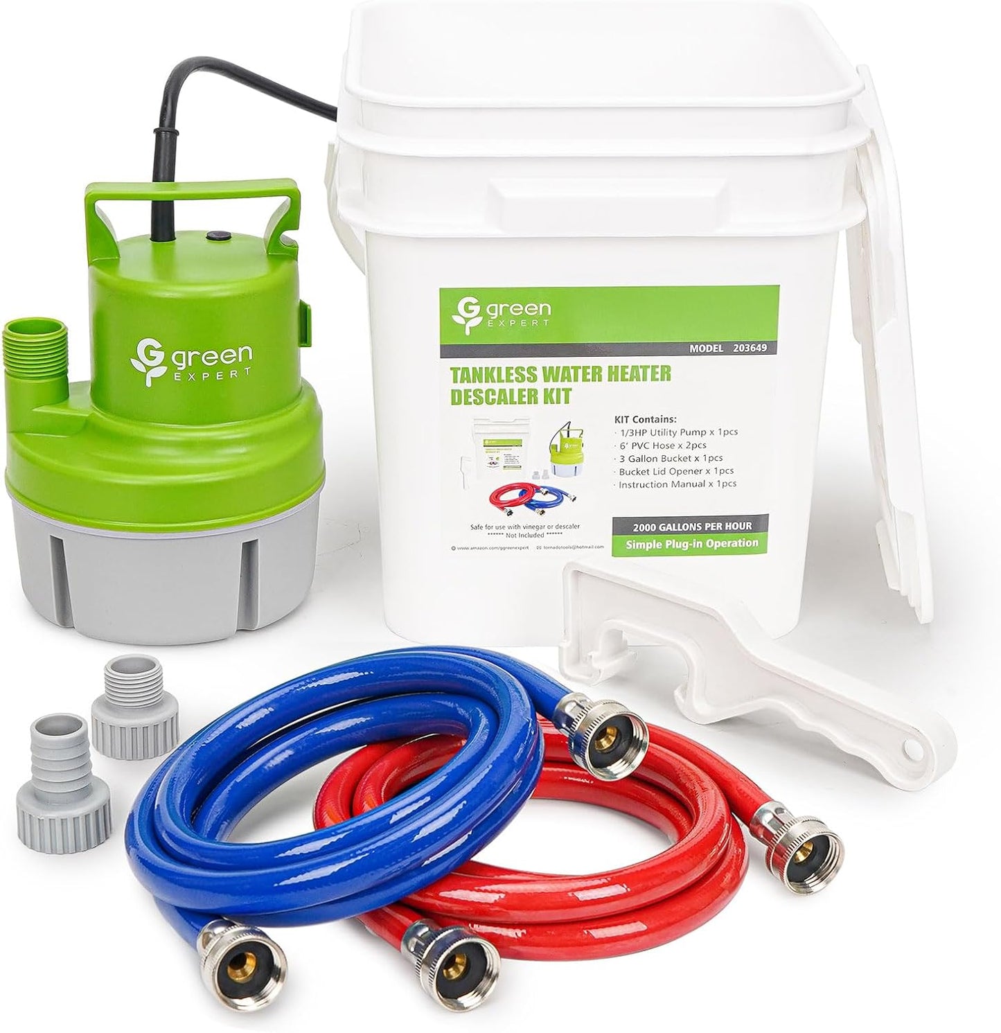 Kit descarga calentador 6en1 bomba 1/3HP cubo 3gal mangueras PVC rojo azul