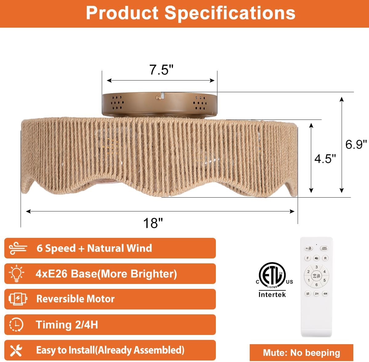 Ventilador techo bohemio 18pulg con luz control remoto
