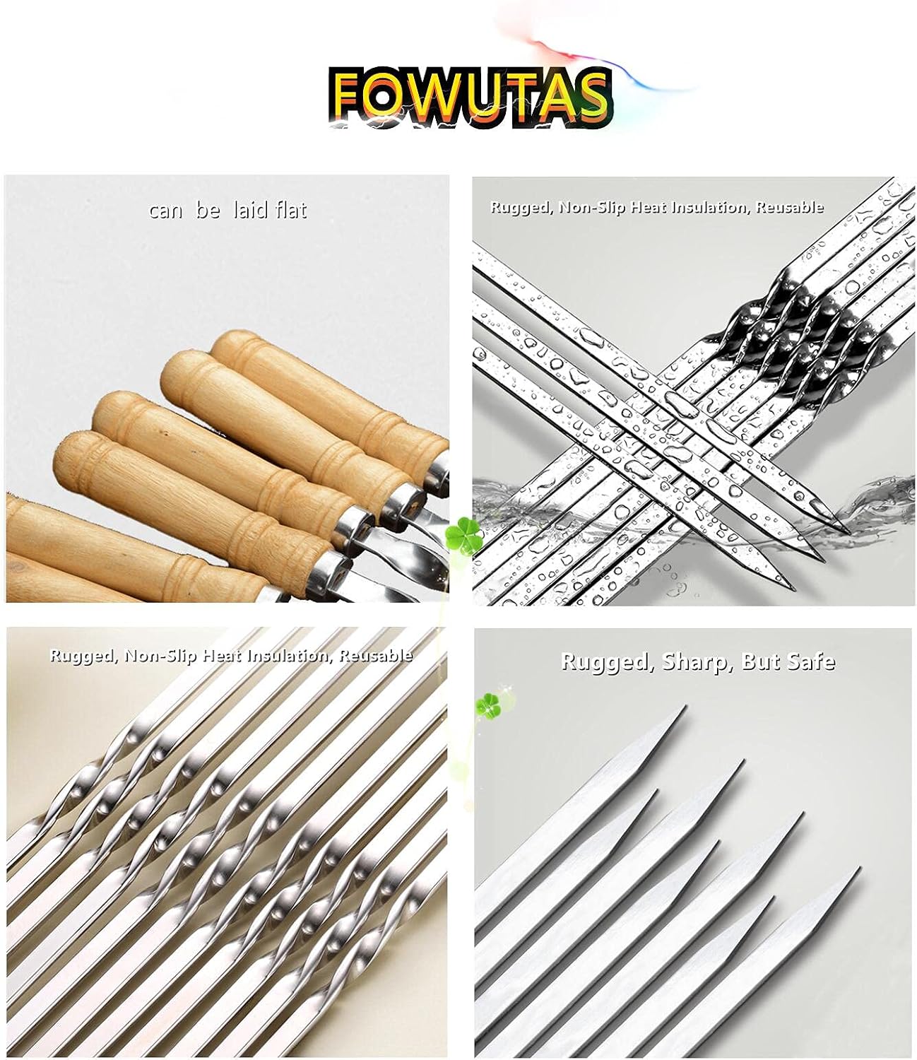 Brochetas parrilla metal 23.6pulg mango madera reutilizable