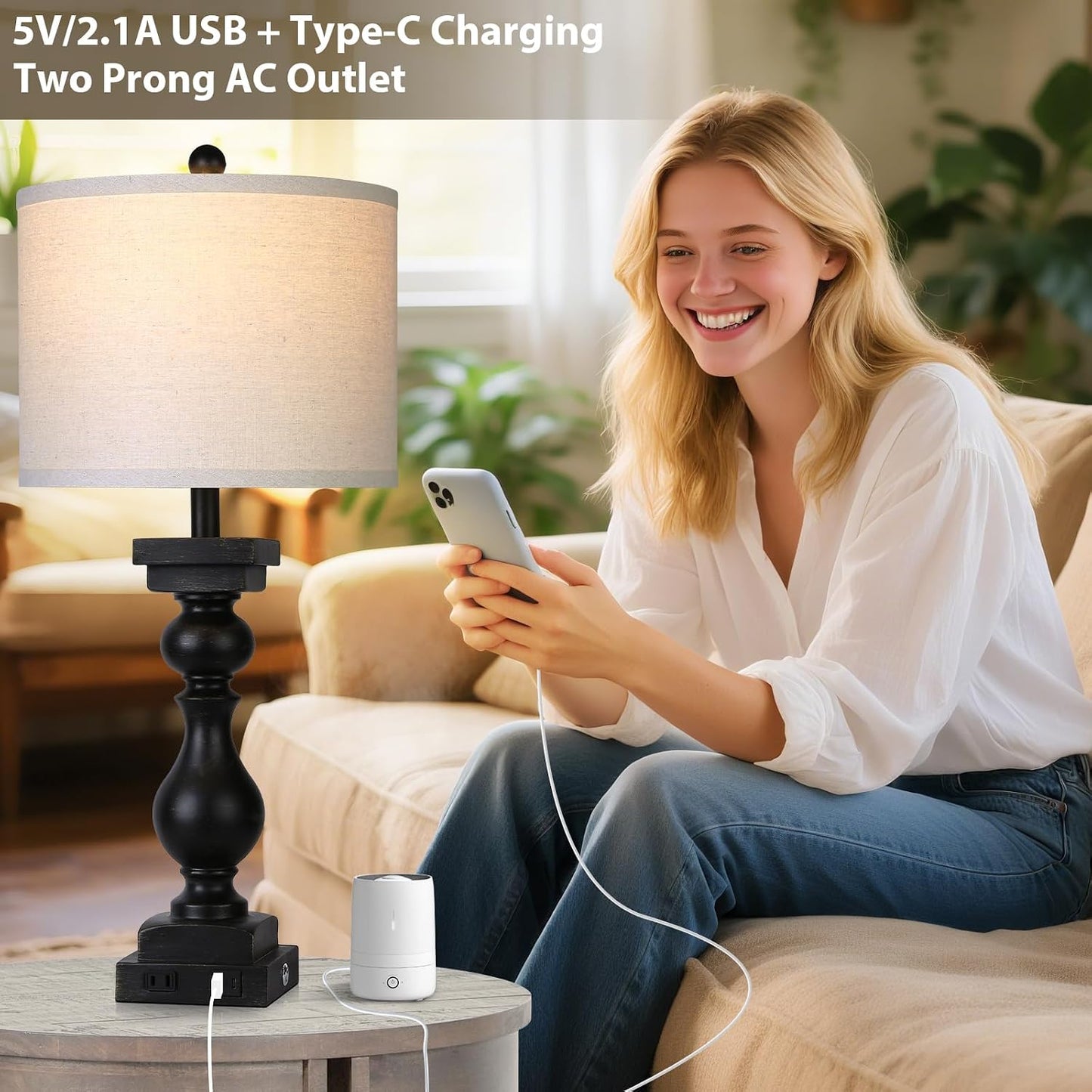 2 Lámparas Mesa Rústicas 28pulg USB AC 3 Vías Negro