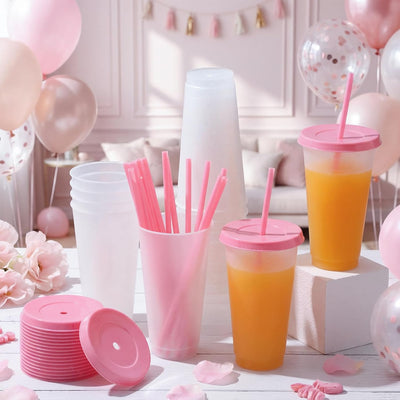60 Vasos Plástico con Popote Tapa 24-27oz Transparente Rosa