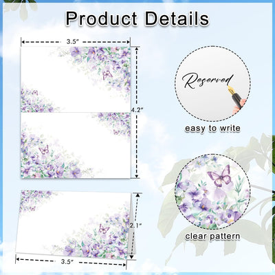 Tarjetas de lugar con diseño de mariposas florales moradas para mesa de baby shower y boda