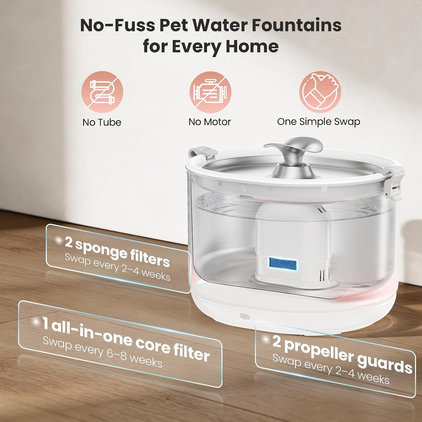 Fuente agua gatos acero inox 2.5L inalámbrica sin BPA blanco