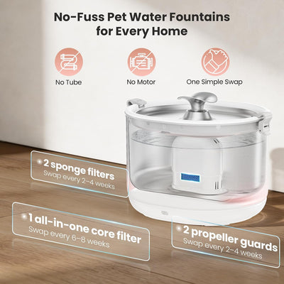 Fuente agua gatos acero inox 2.5L inalámbrica sin BPA blanco