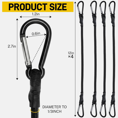 Cuerdas elásticas con mosquetón 12pulg set 4 negras para camping