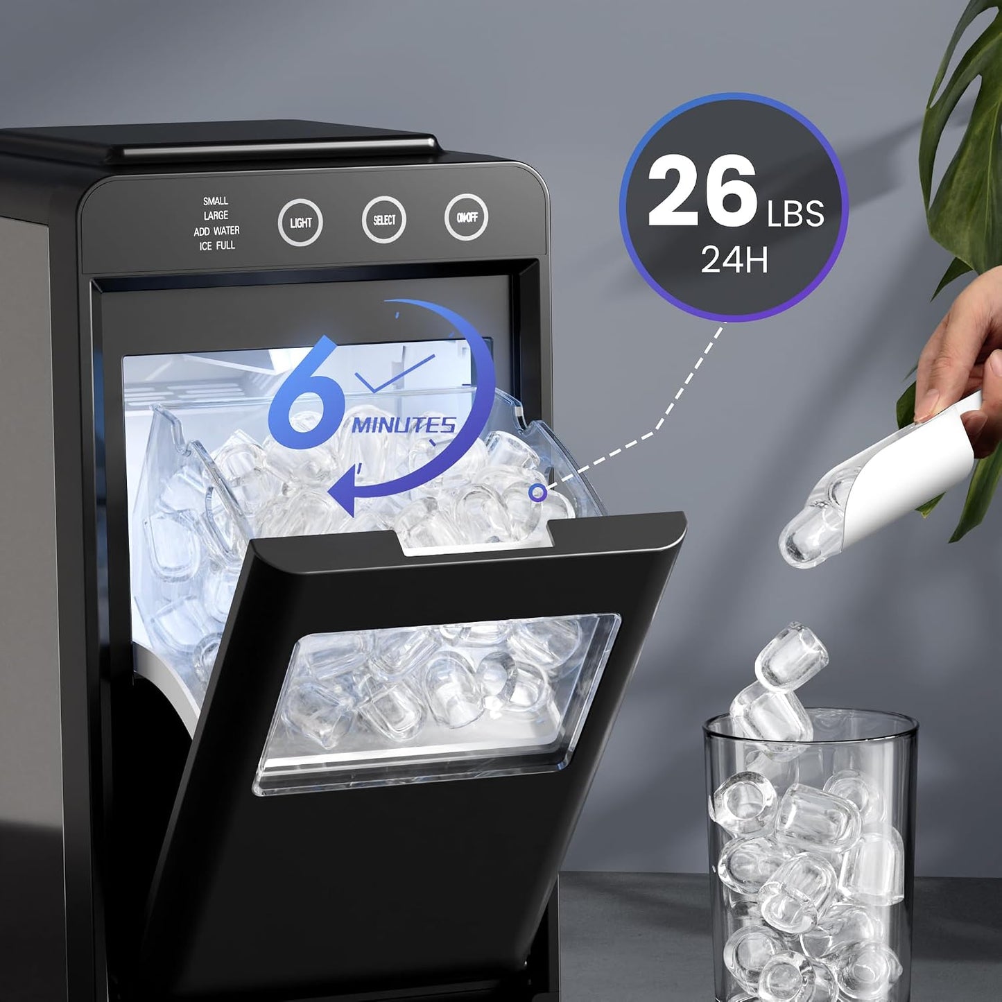 Encimera hielo 26lb/24h portátil con iluminación y hielo bala negro