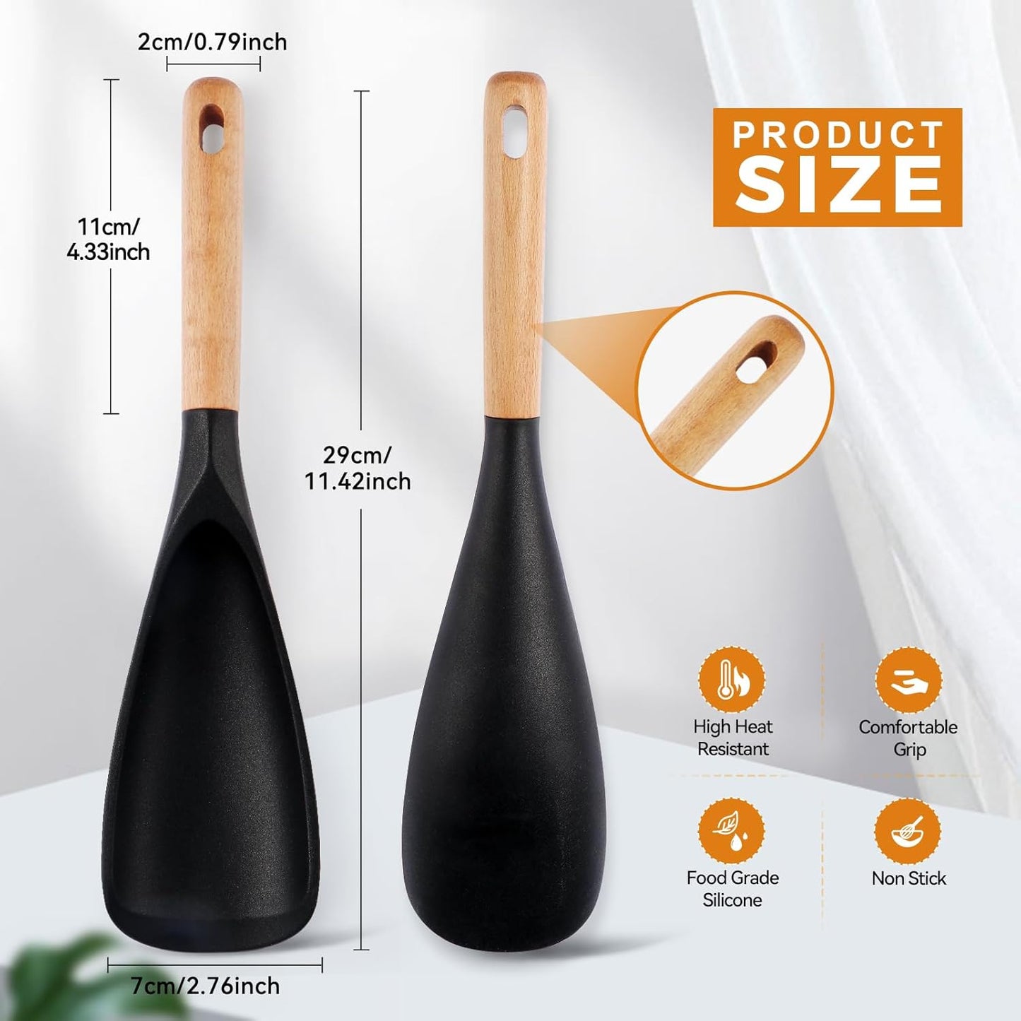 2 Pzas Cuchara Silicona Multifuncion Mango Madera Antiarañazos