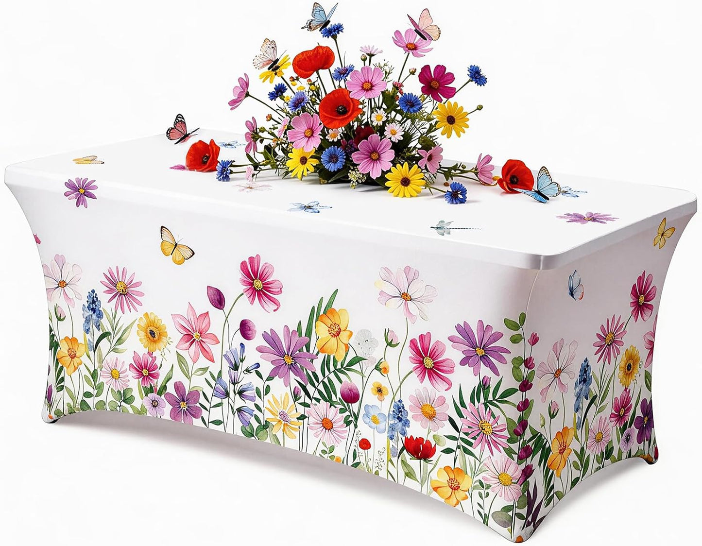 Mantel rectangular de elastano con mariposas y flores silvestres