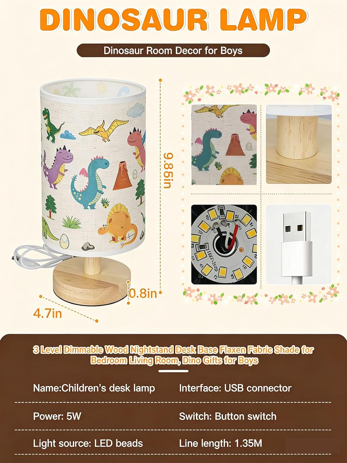 Lámpara mesa infantil dinosaurio madera 3 niveles