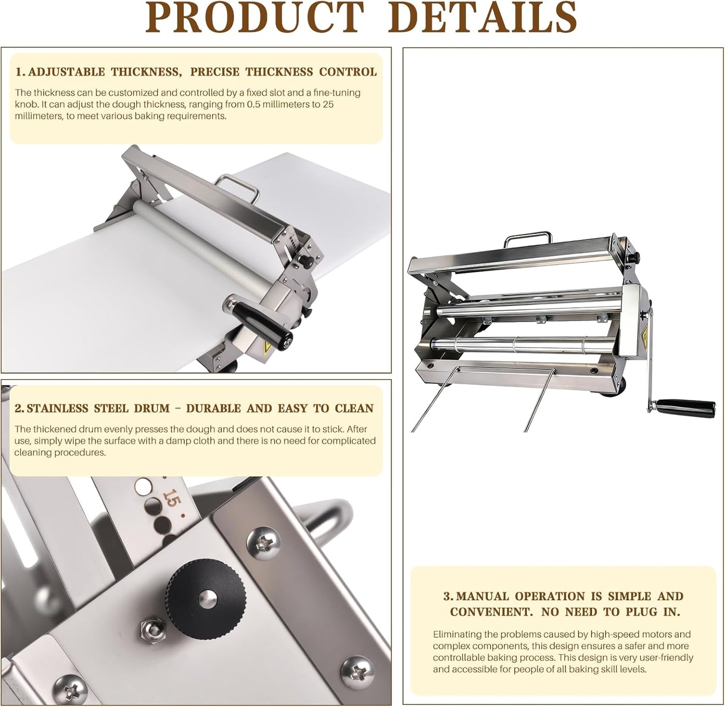 Laminadora manual de masa plegable con rodillo de acero
