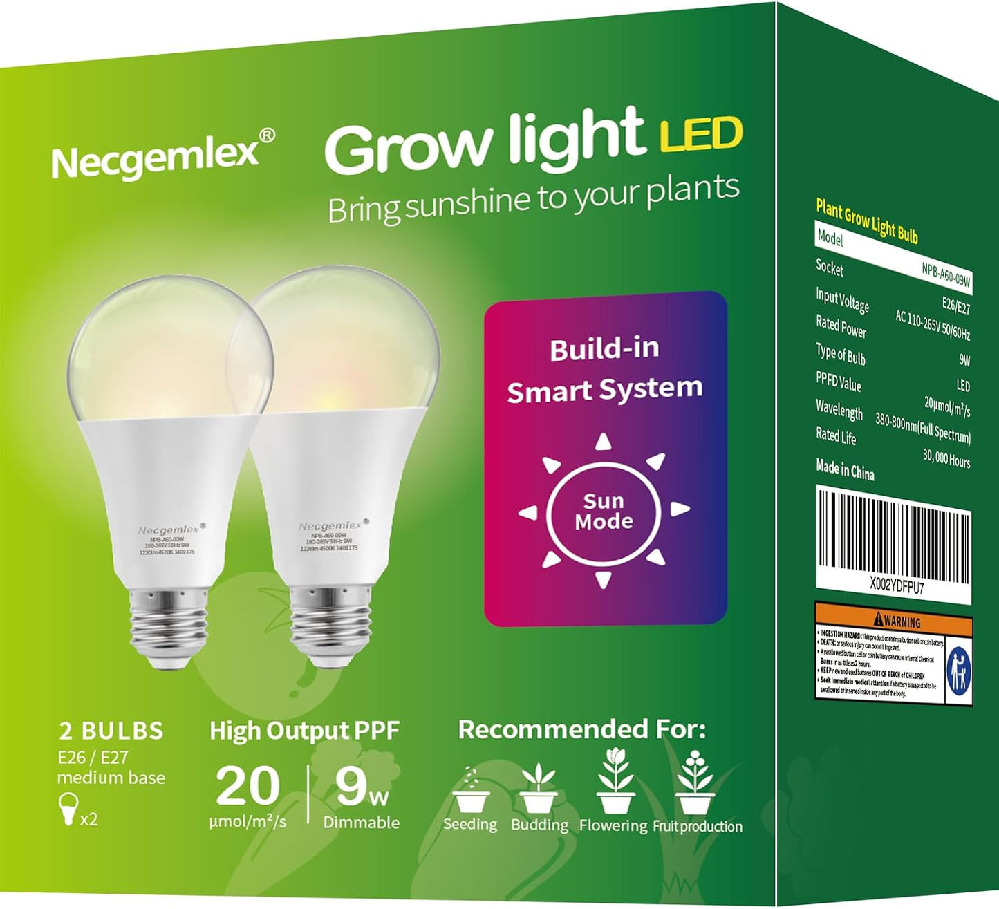 Bombillas LED crecimiento plantas interior 4500K A19 E26 9W pack 2