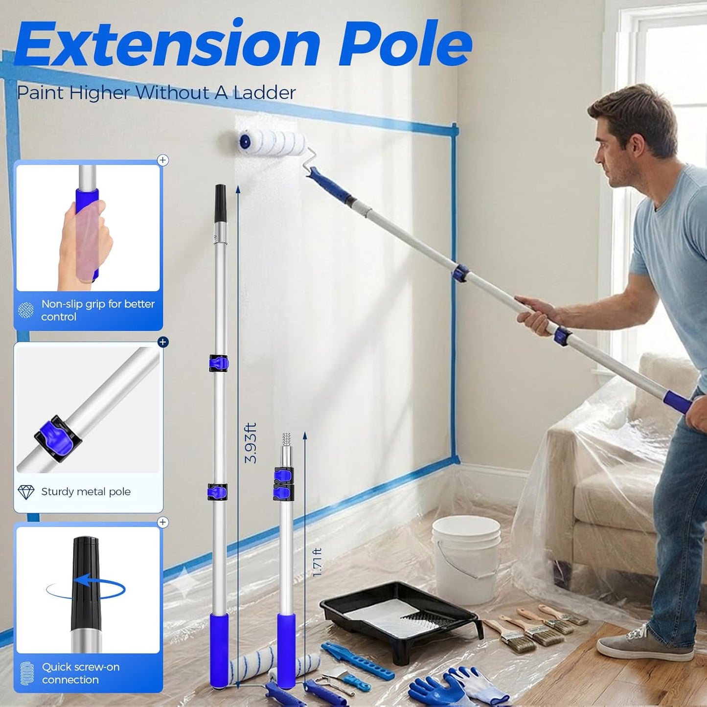 Kit 30 Rodillos Pintura Microfibra 9-4pulg Poste 3.93pies