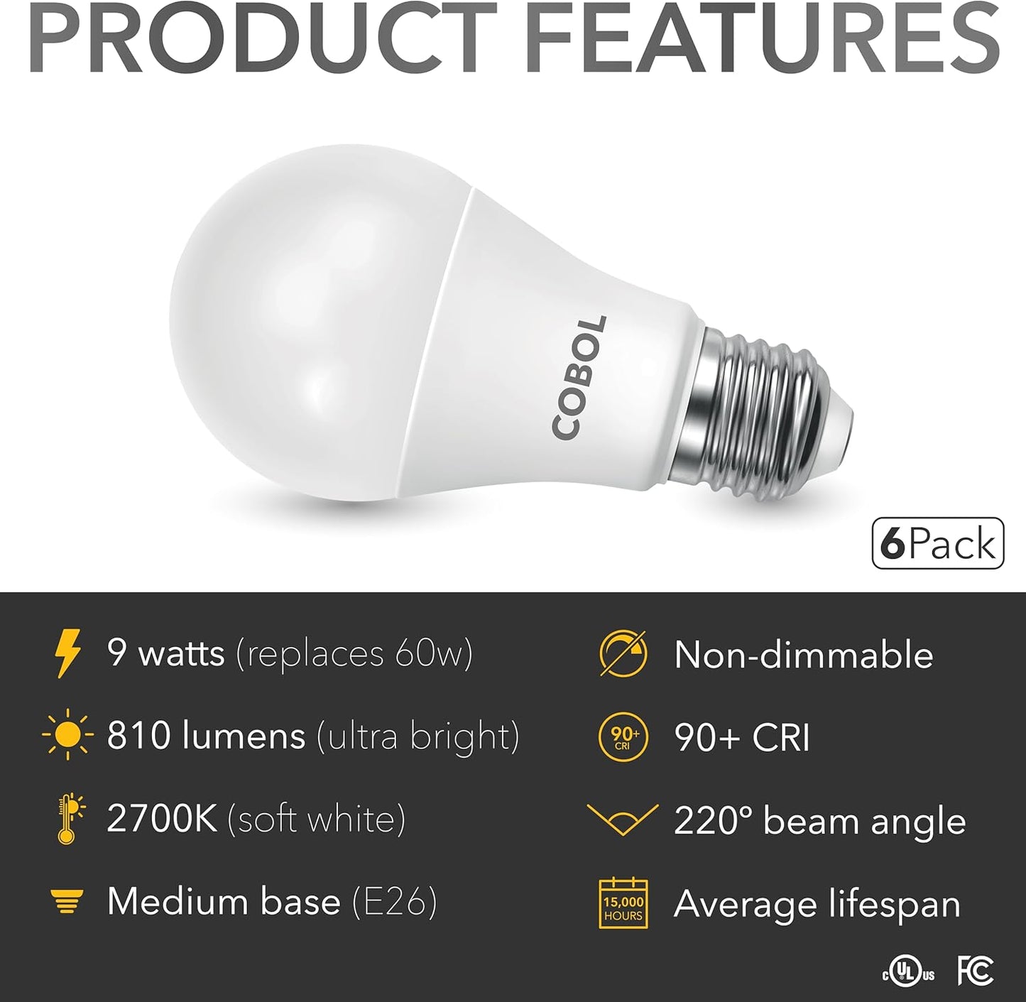 6 Pzas Bombilla LED A19 E26 2700K