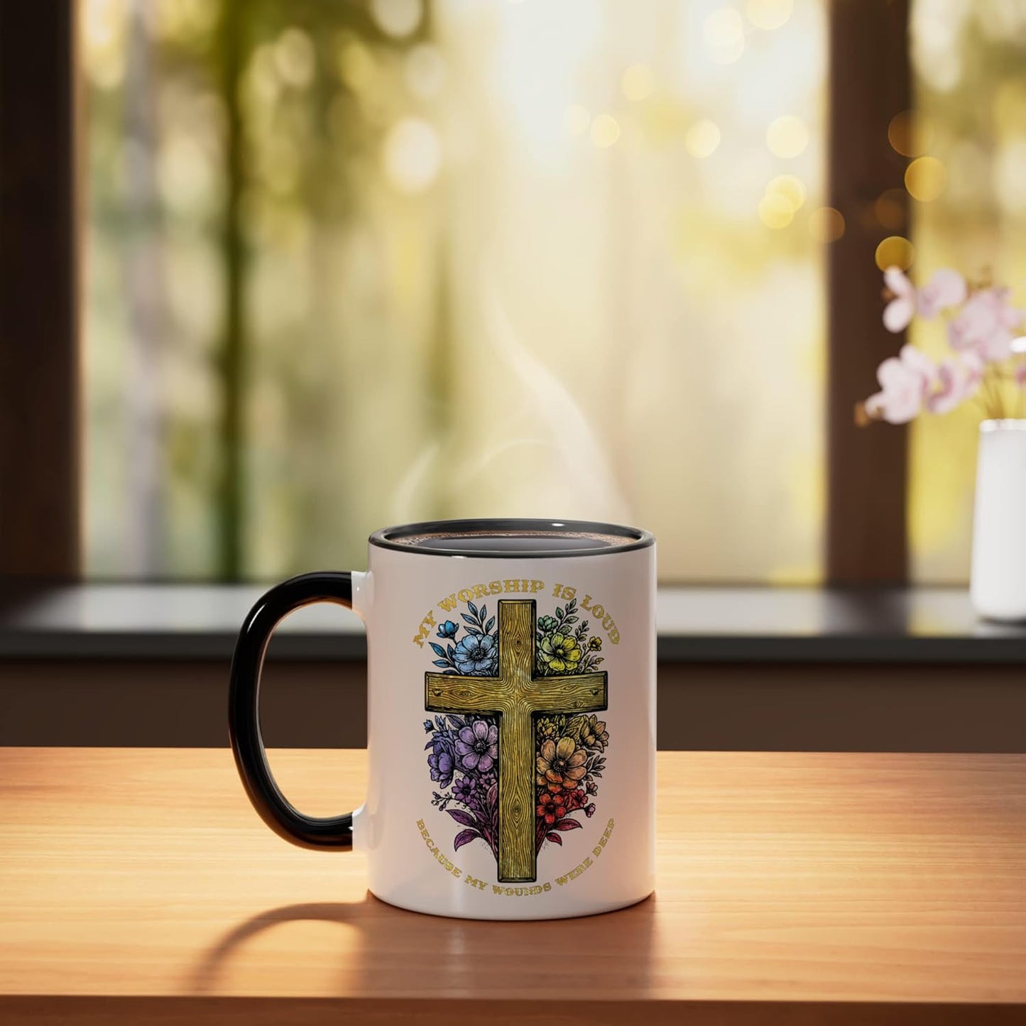 Taza Cerámica Floral Cristiana Negro/Blanco