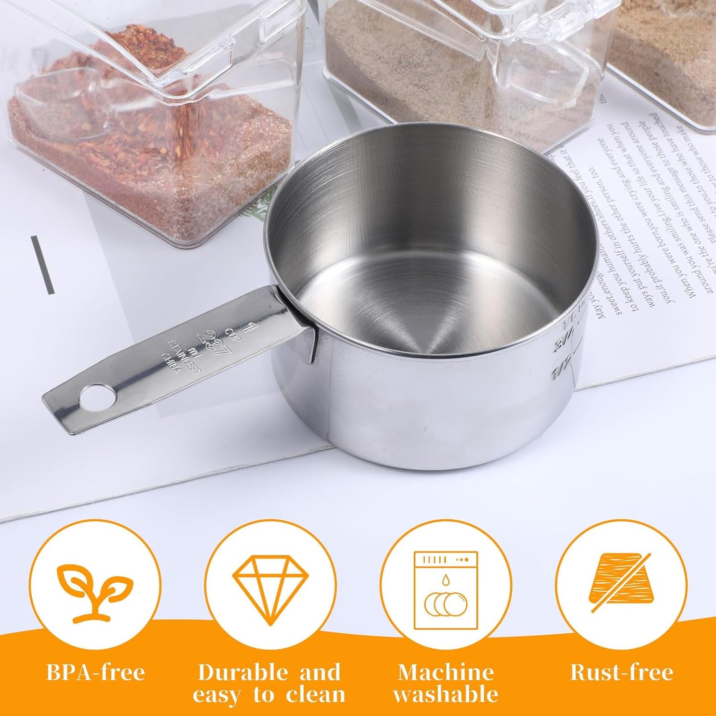 Taza medidora acero inox 8oz con cuchara metal resistente