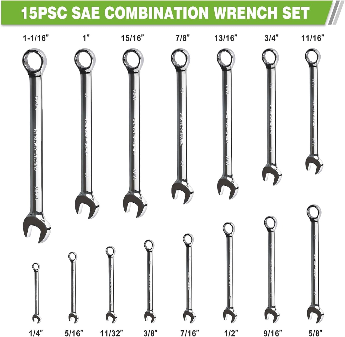 Set 15 Pzas Llaves SAE 1/4 a 1-1/16 Acero Cromo Vanadio