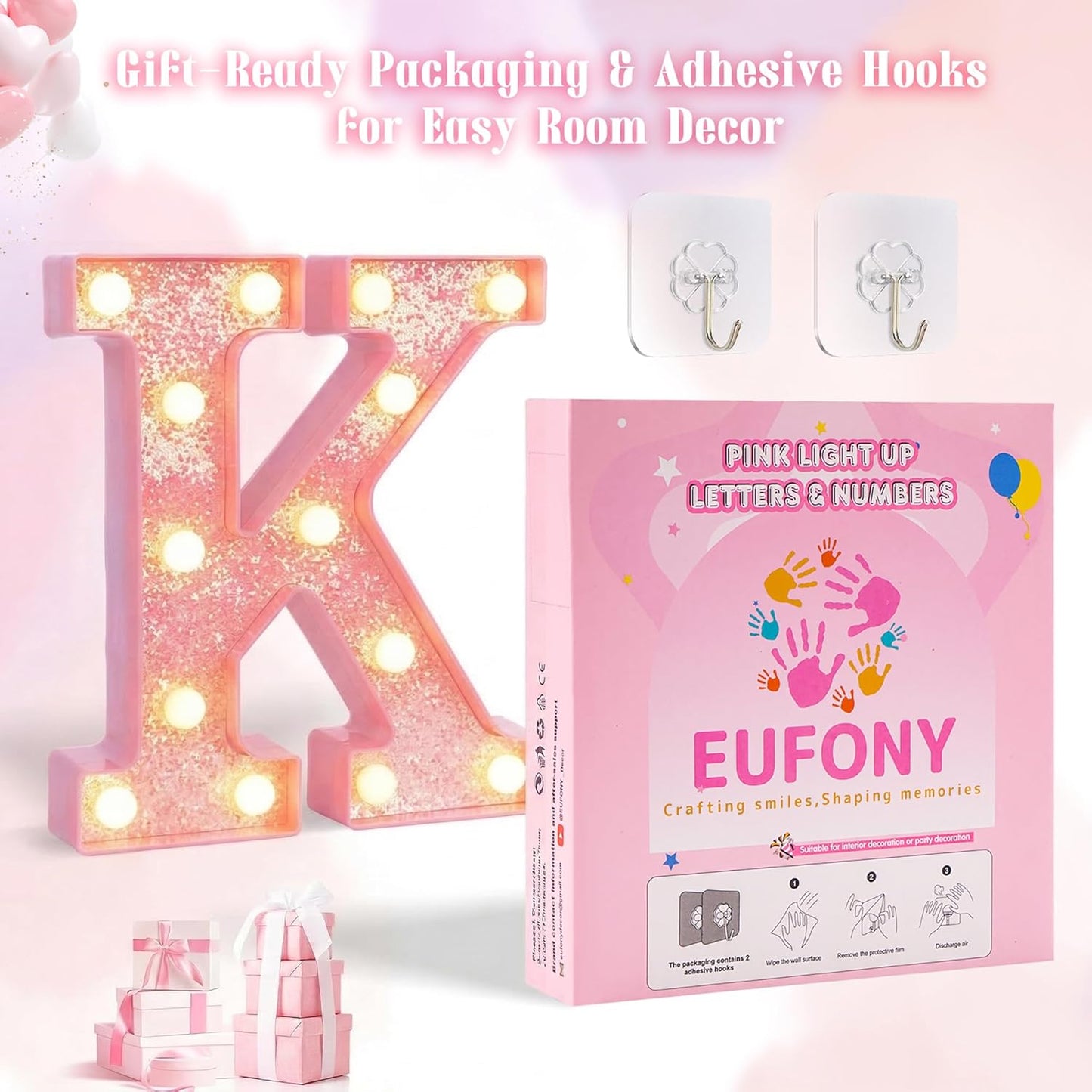 Letras LED rosa con purpurina para decorar mesas de cumpleaños