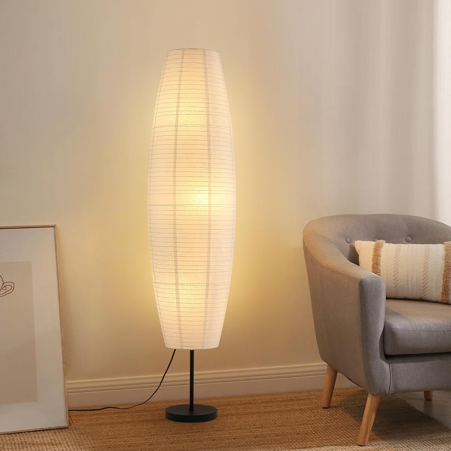 Lámpara pie papel arroz blanco 3 luces LED Wabi Sabi 54.5pulg sala