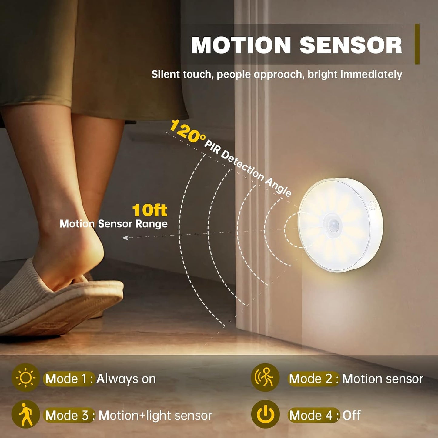 Luz nocturna sensor movimiento LED inalámbrica 4 modos recargable