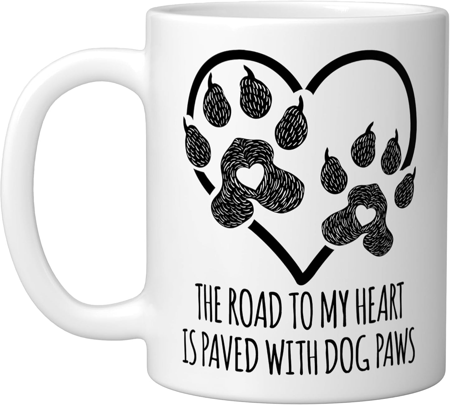 Taza de cerámica con texto I Love Dogs Road To My Heart Paved With Paw Prints blanca