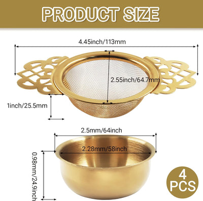 Set 4 coladores té acero inox malla fina dorado