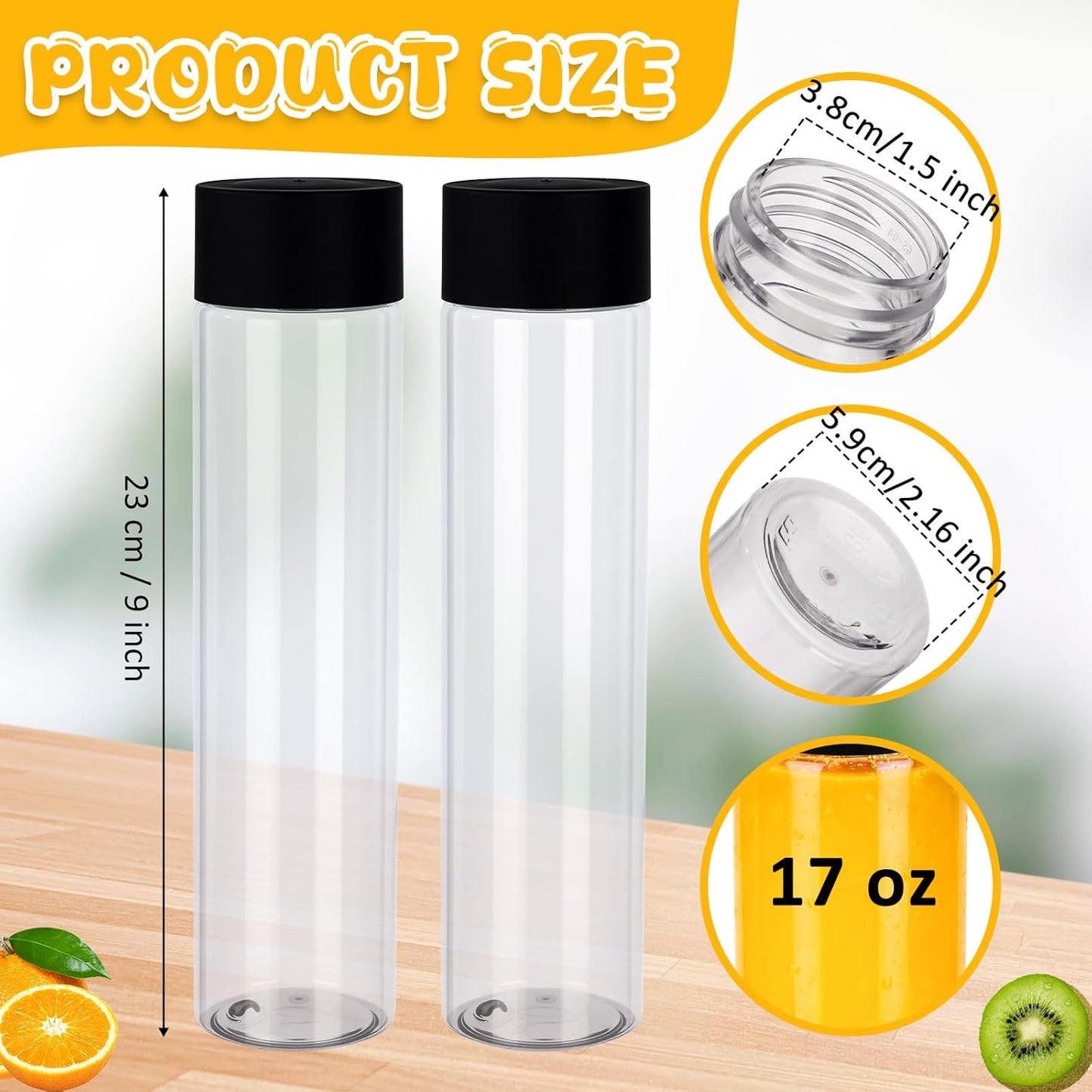50 Botellas Plástico Jugo Tapas Negras 10oz Recipientes Redondos