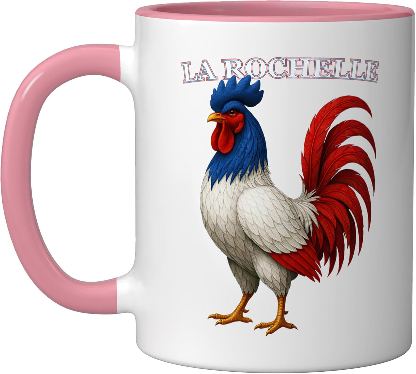 Taza cerámica LA ROCHELLE Francia souvenir rosa/blanco