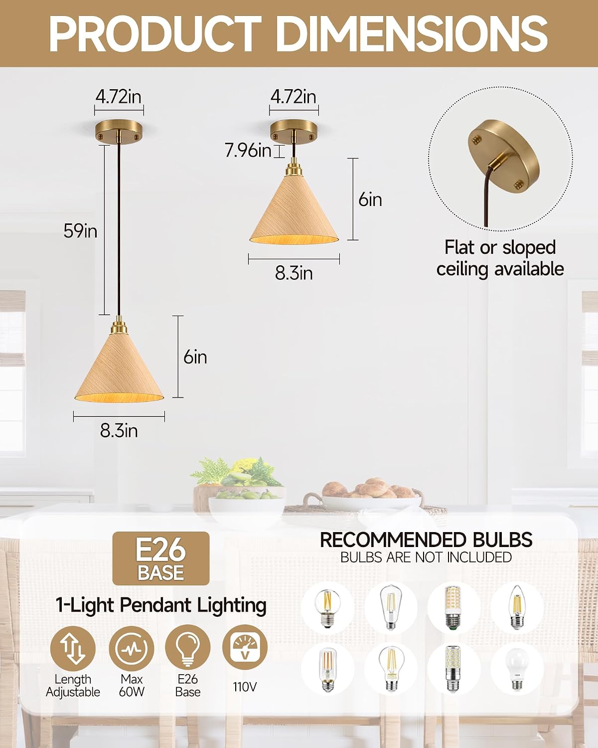 Luces colgantes madera isla cocina 8.3pulg ajustable dorada