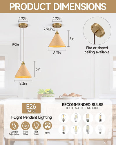 Luces colgantes madera isla cocina 8.3pulg ajustable dorada