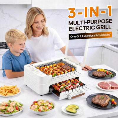 Parrilla eléctrica 3en1 1000W rotación 360° con tapa