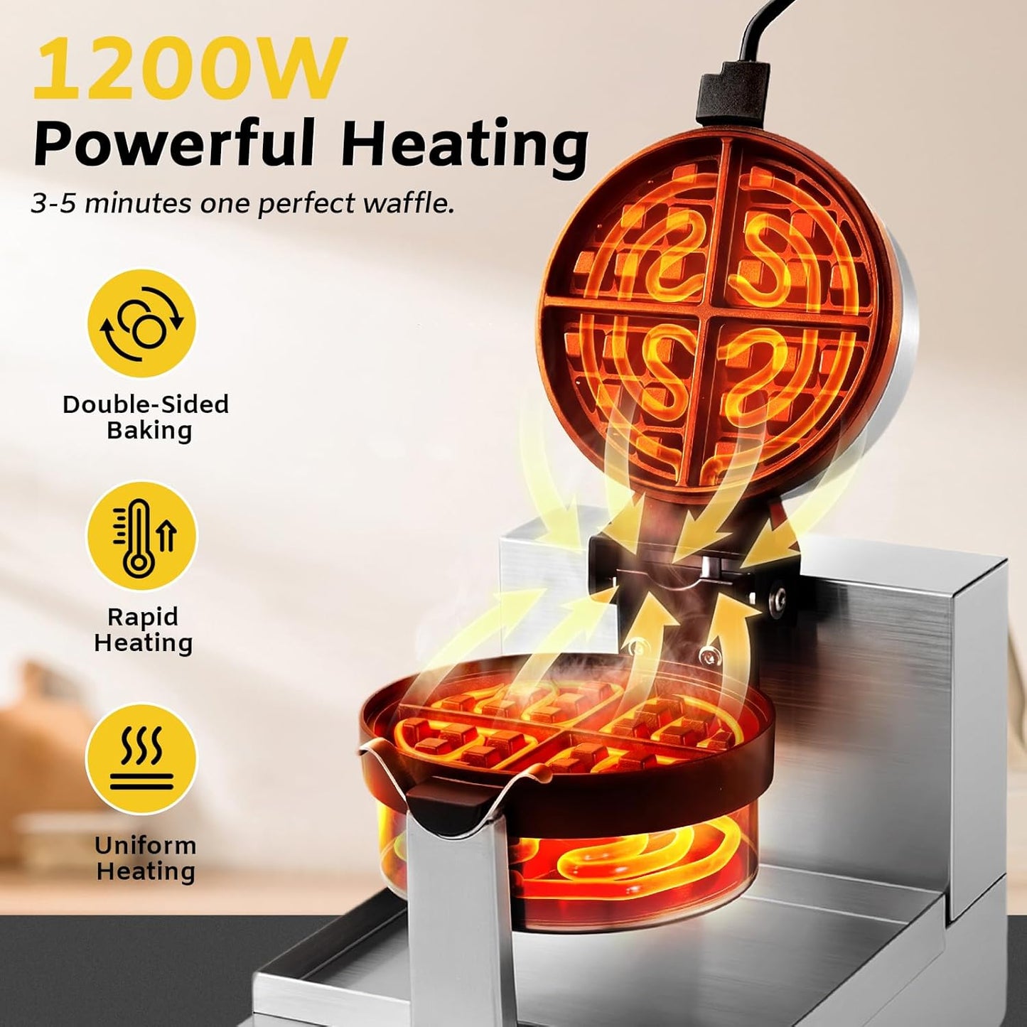 Máquina gofres profesional antiadherente 1200W para panadería